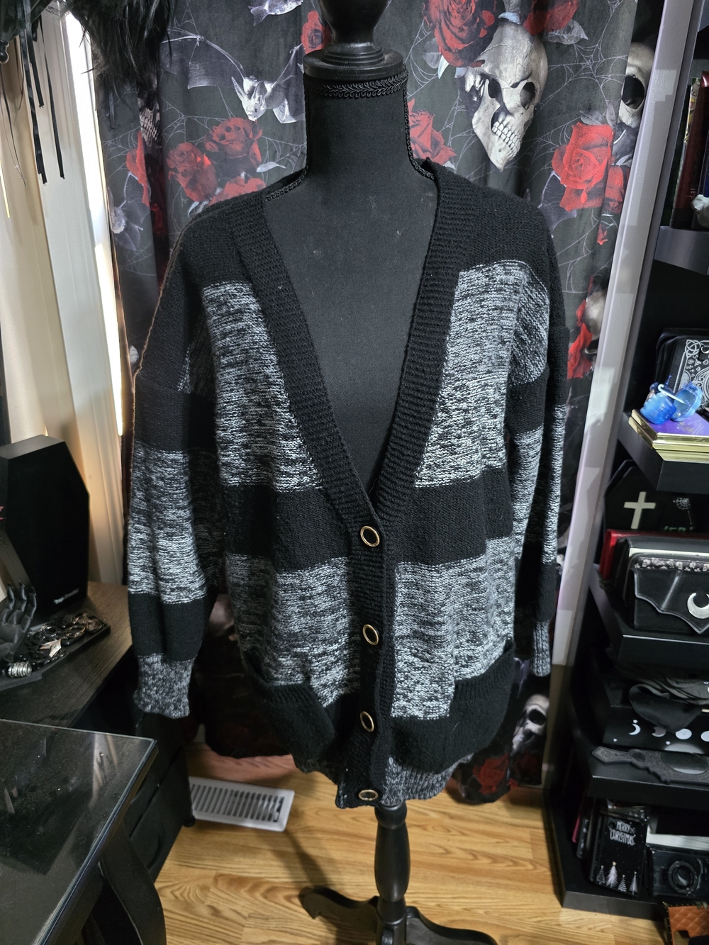 Black & Gray Striped Button Front Cardigan